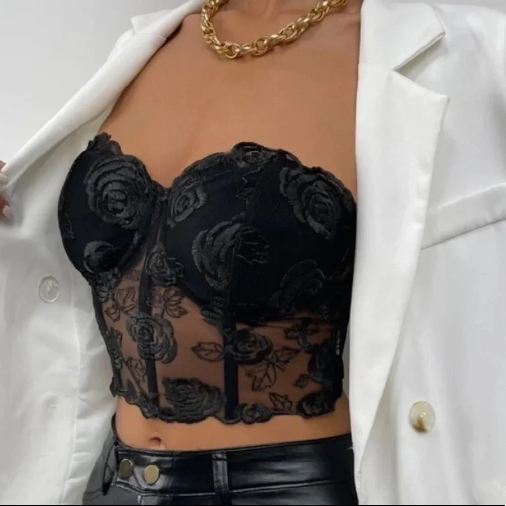 Boho black Lace Floral Embroidered Corset Bustier Crop Top - Picture 4 of 16